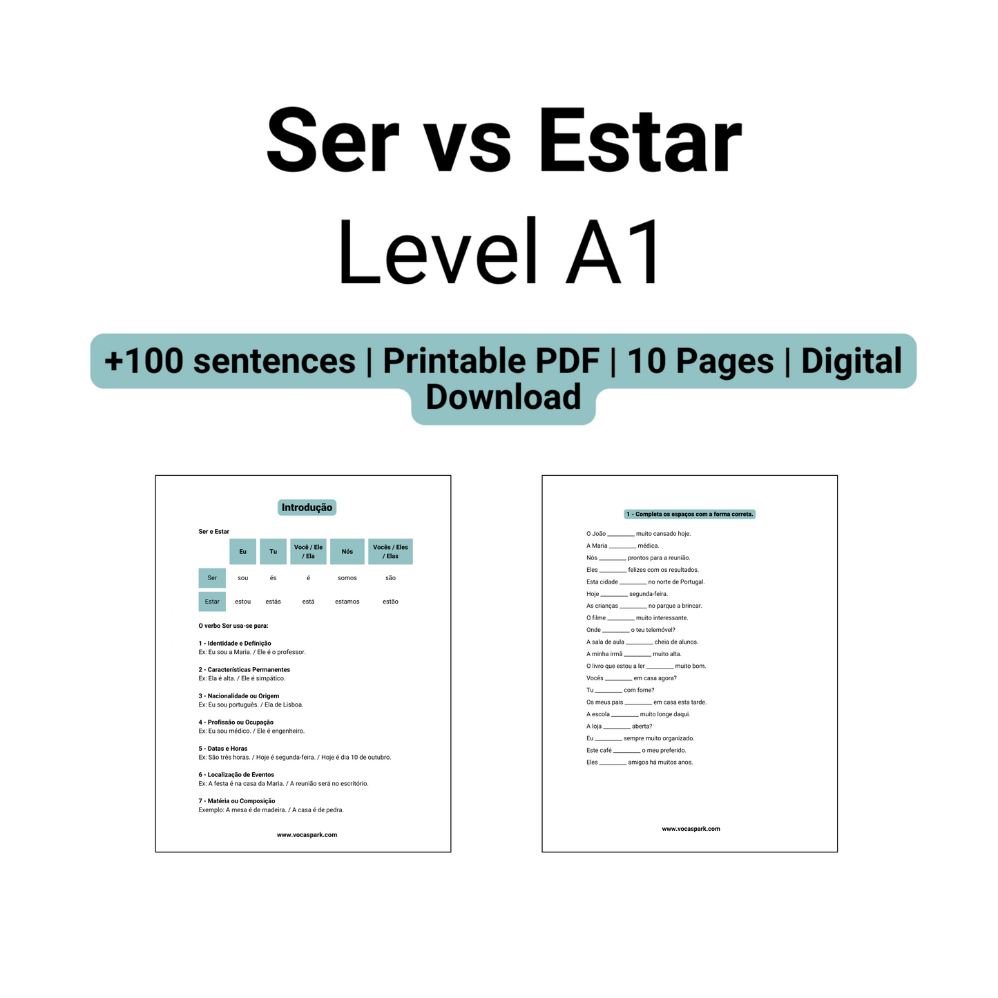 Portuguese Exercises | Printable PDFs | Explanation + Exercises